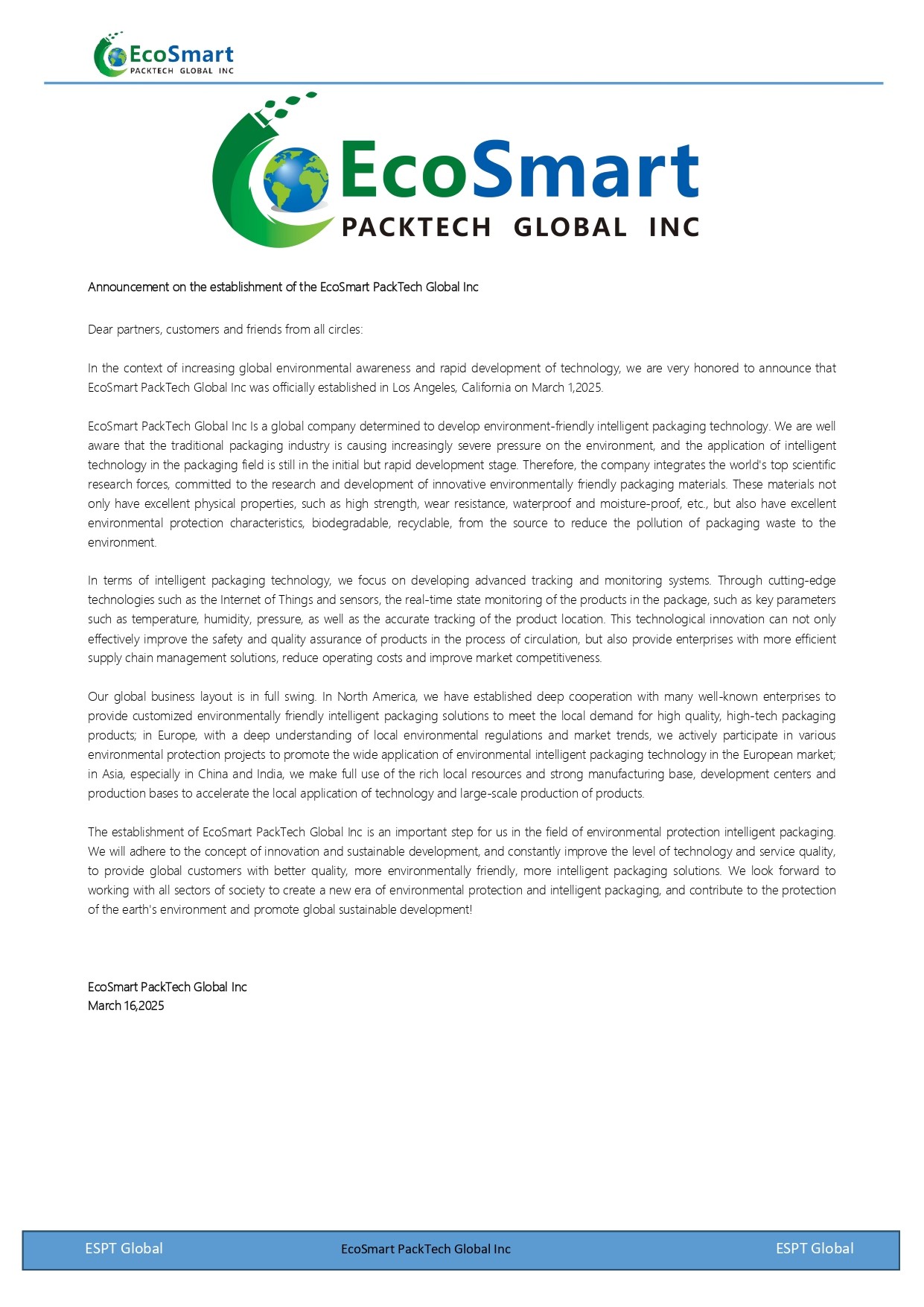 Announcement on the Establishment of EcoSmart PackTech Global Inc.